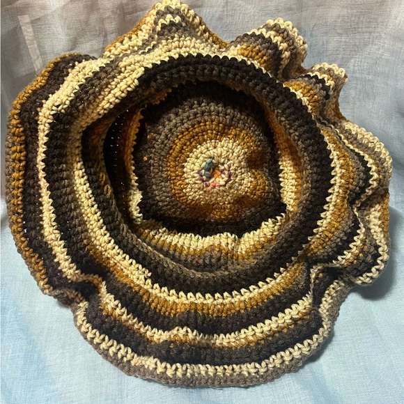 Handmade Crochet Hat – Earth Tone Striped Ruffled Cap – Unique Artisan Creation - Picture 9 of 12